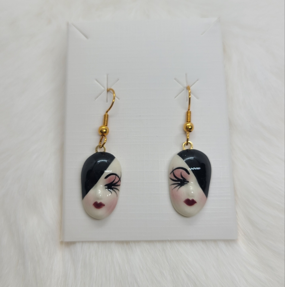 Vintage Fancy Faces Hand Painted Porcelain Dangle Earrings Eclipse Mask